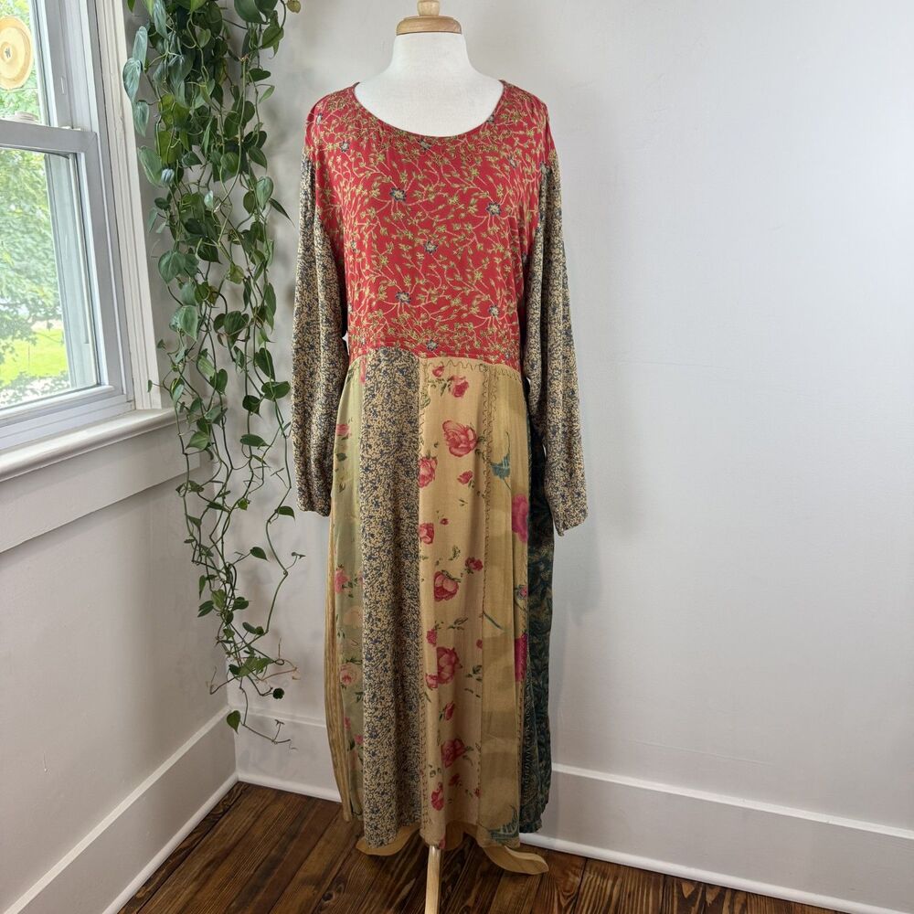 Vintage 90s Floral Patchwork Maxi Dress Plus Size | Rayon Boho Cottagecore 24W